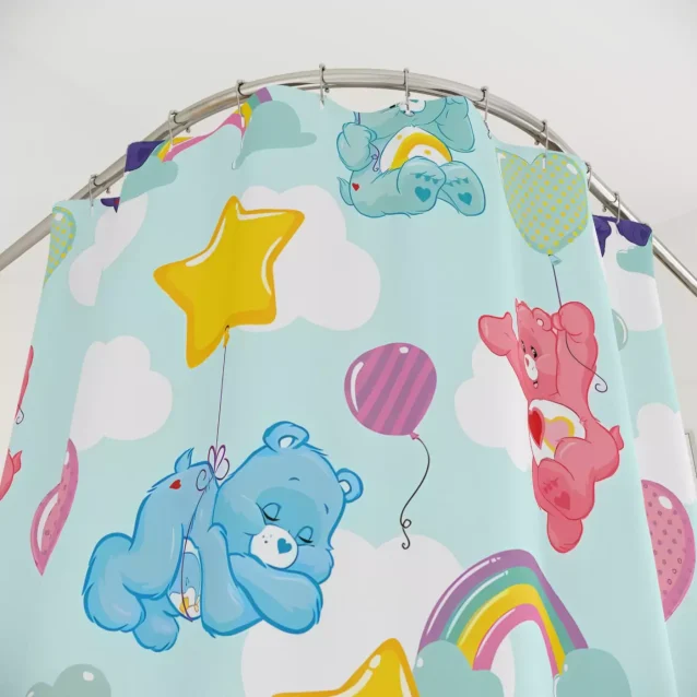 Waterproof polyester Care Bears shower curtain with a vibrant rainbow and fluffy clouds design.