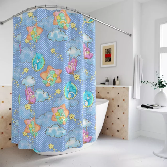 Bright and cheerful kids' shower curtain with Tenderheart Bear and a vibrant rainbow.