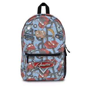 Back view of a Lightning McQueen style backpack showing padded straps.