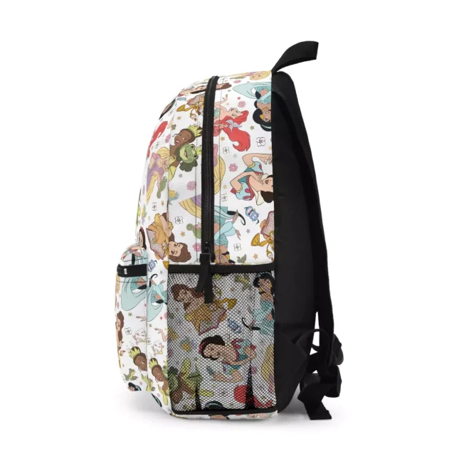 Side profile of a Disney Princess school bag showing the purple mesh side pocket and durable black back panel.