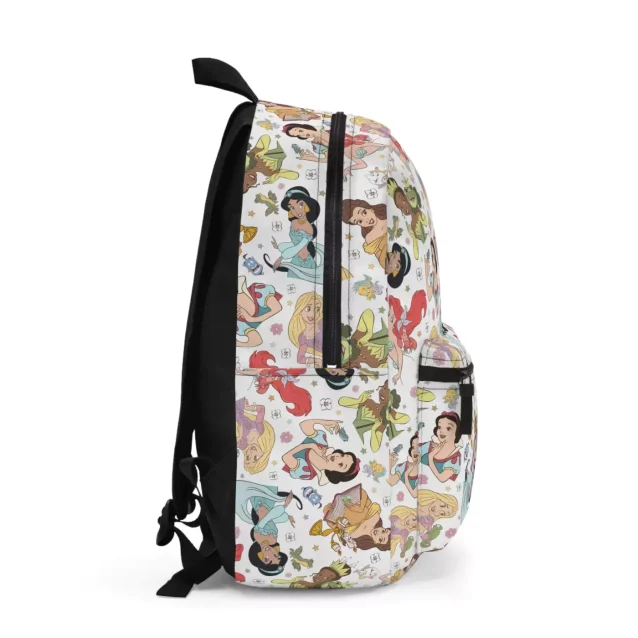 Close-up of the high-quality Oxford fabric and zipper detail on the front pocket of the Disney Princess backpack.
