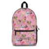 Personalized Disney Princess backpack in pink, front view, featuring six princesses with a custom name on the front pocket.