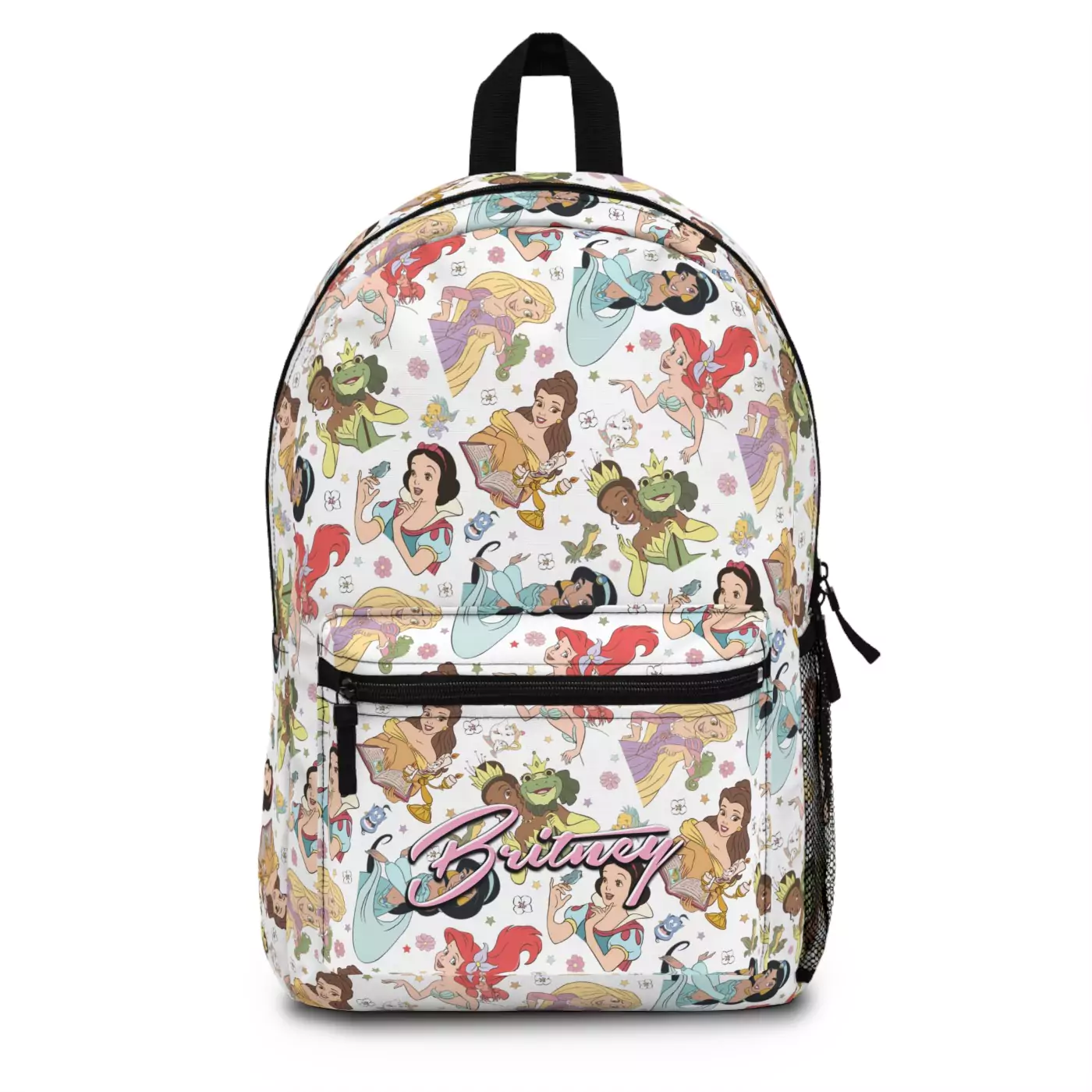 White Disney Princess backpack, front view — all-over print of Rapunzel, Ariel, Belle, Tiana, Snow White and Jasmine.