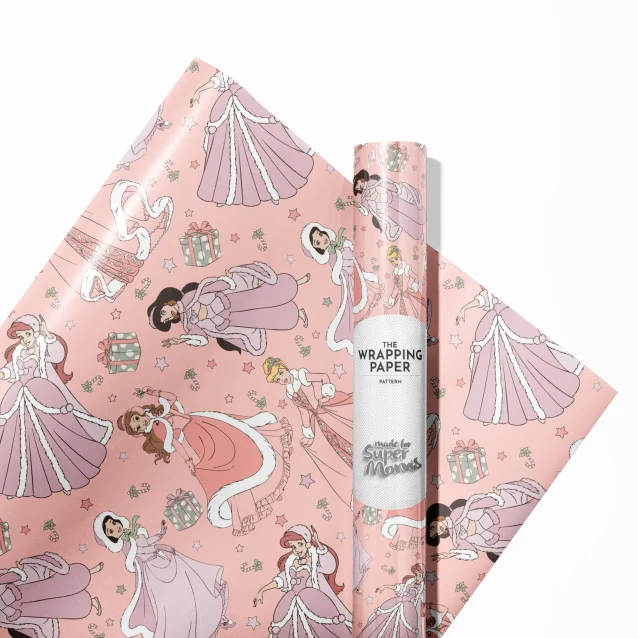 Roll of Disney Princess Christmas wrapping paper with a festive design.