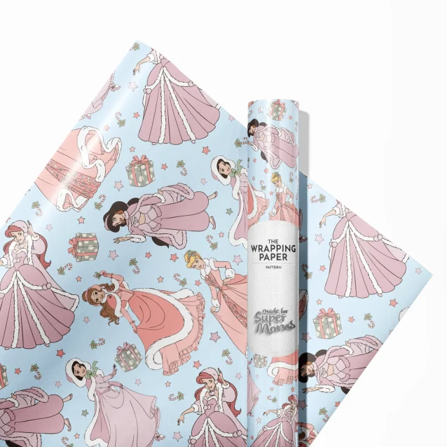 Close-up of Cinderella on a roll of holiday-themed wrapping paper.