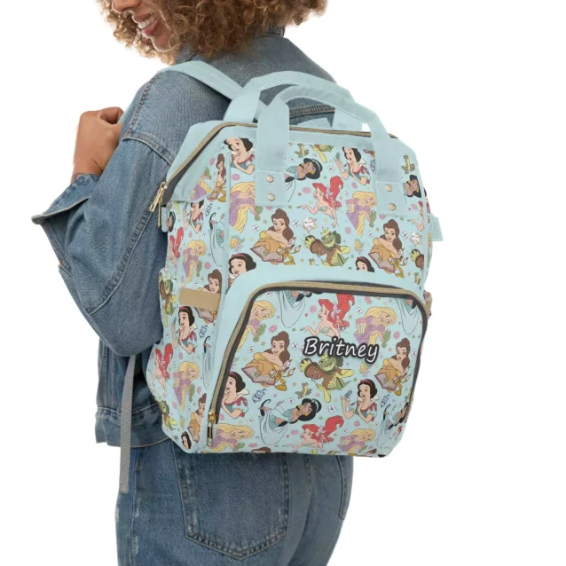 Close-up of the Disney Princess diaper bag's durable, high-grade nylon fabric.