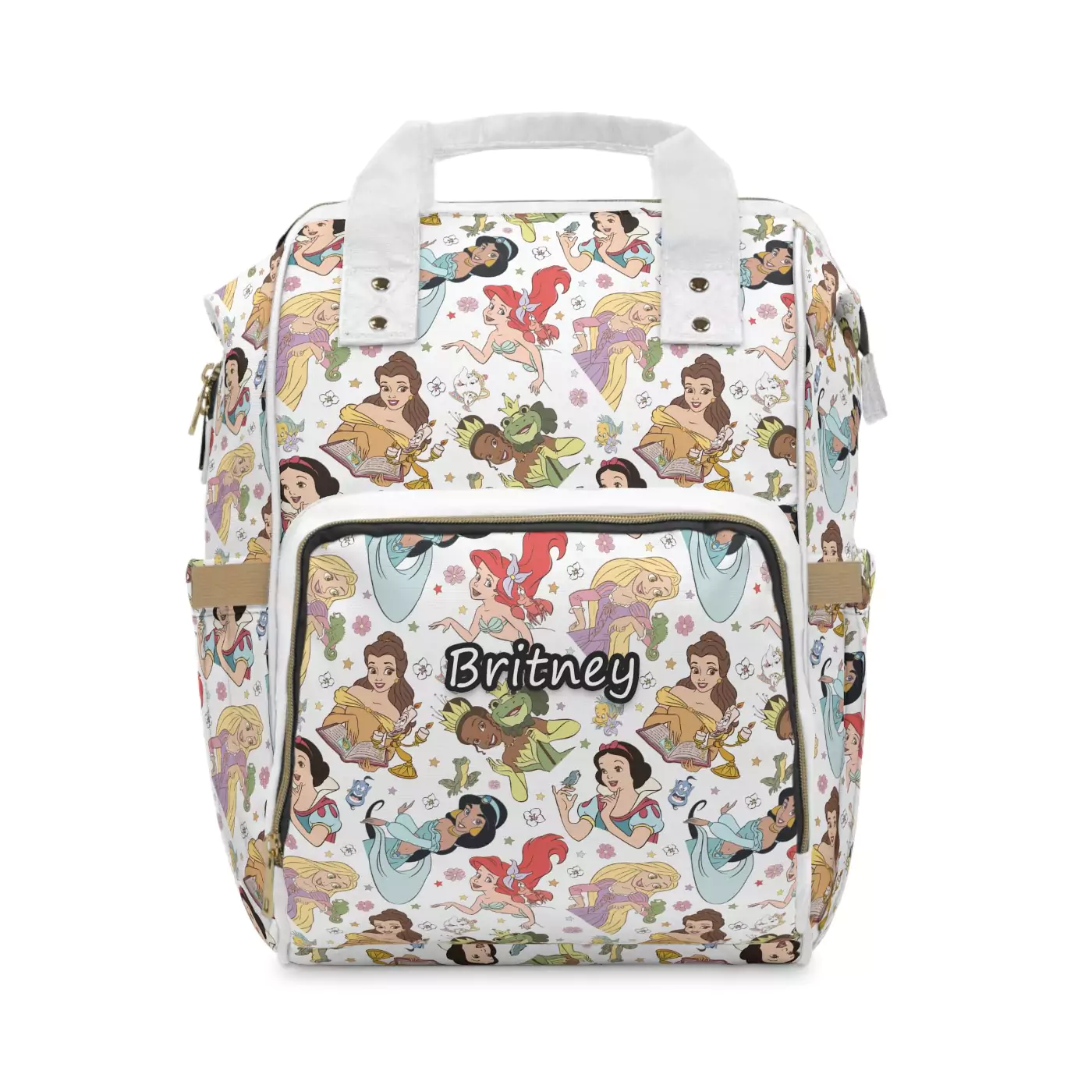 A stylish mom carrying the Disney Princess diaper bag backpack on a sunny day.