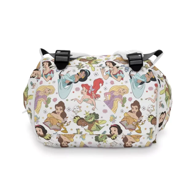 The Disney Princess diaper bag's spacious main compartment, open to show its capacity.