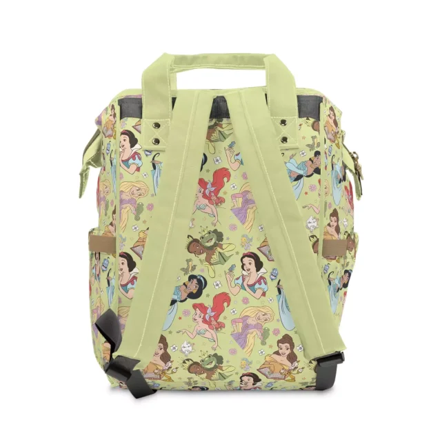 A collage of images showcasing the different features of the Disney Princess Diaper Bag.