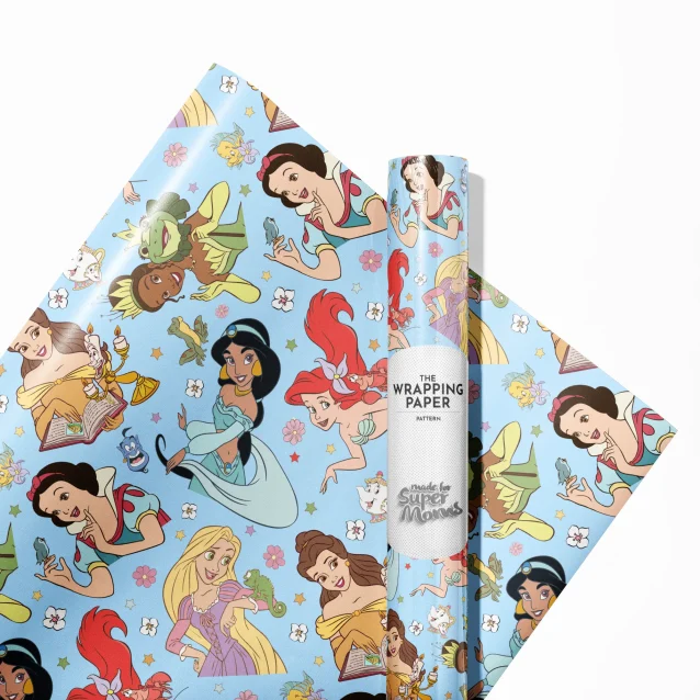 A stack of presents wrapped in various Disney Princess designs.