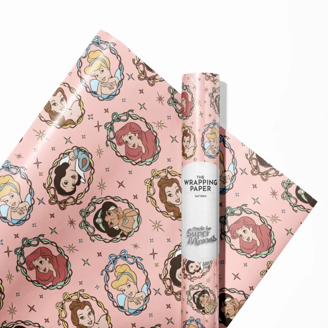 A roll of Disney Princess wrapping paper featuring Cinderella, Belle, and Ariel.