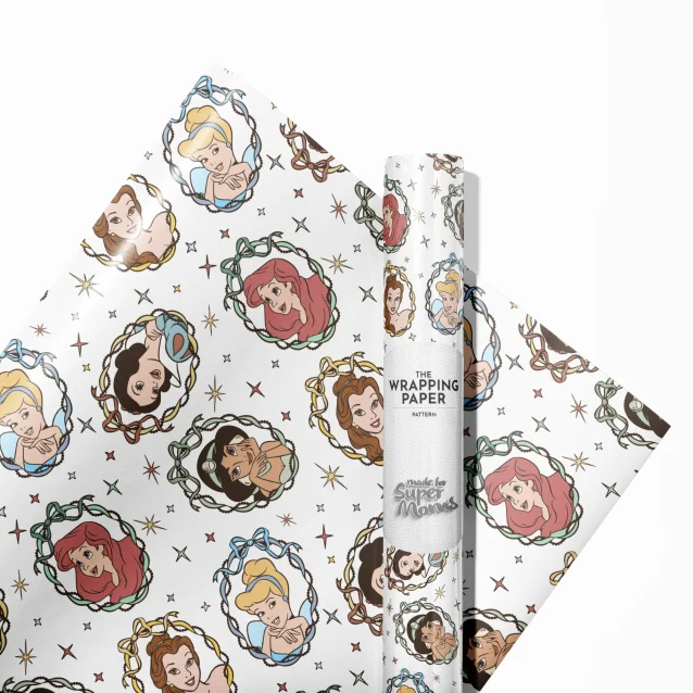 A beautifully wrapped gift in glossy Disney Princess paper, tied with a pink ribbon.