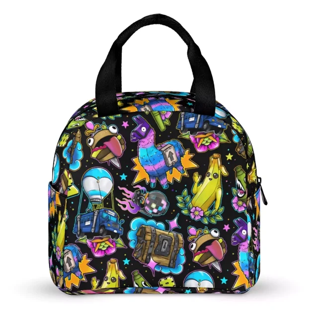 Close-up view of the durable, easy-care polyester on the Battle Royale lunch bag.