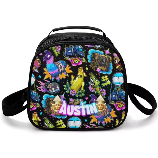 Black Fortnite lunch bag with an adjustable shoulder strap, printed with loot llamas and the child's name.