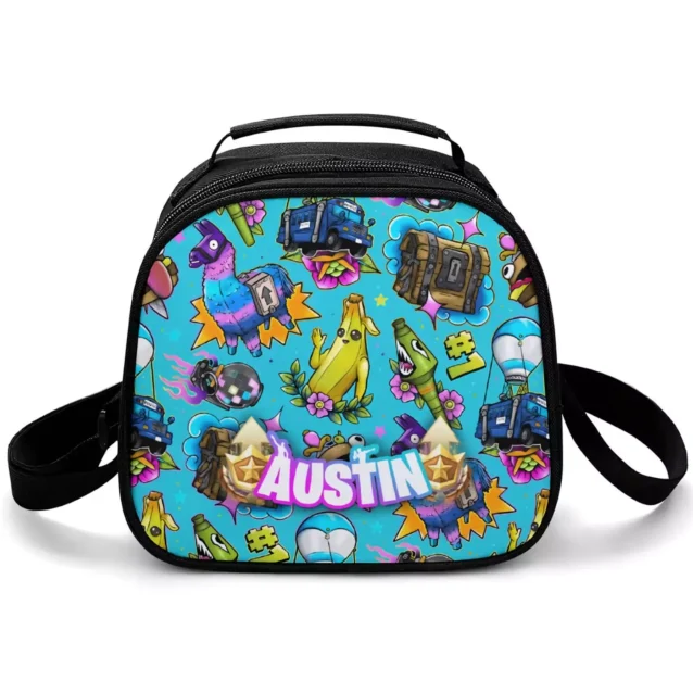 Blue Fortnite insulated lunch bag with the loot llama toss artwork and a custom name in chunky game lettering.