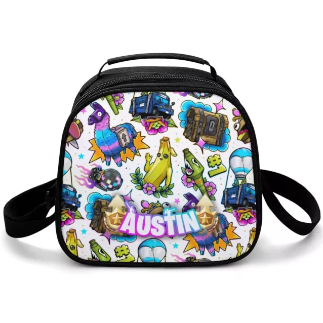 White Fortnite school lunch bag, shoulder-strap style, with the battle bus and banana print and a personalized name.