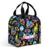 Black Fortnite meal bag covered in loot llamas, Peely bananas and battle buses, personalized with the name Austin.