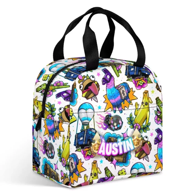 White Fortnite lunch box with the loot llama and chest print, twin top handles and a custom name across the front.
