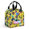 Yellow Fortnite insulated meal bag showing the loot llama, boogie bomb and traffic cone toss print with a printed name.