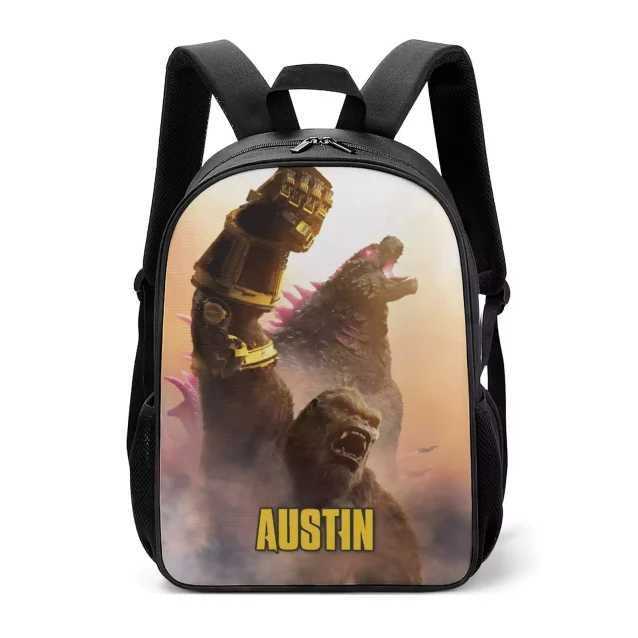 Close-up of the high-quality Oxford fabric and a Godzilla footprint-shaped zipper pull on the front pocket of the backpack.