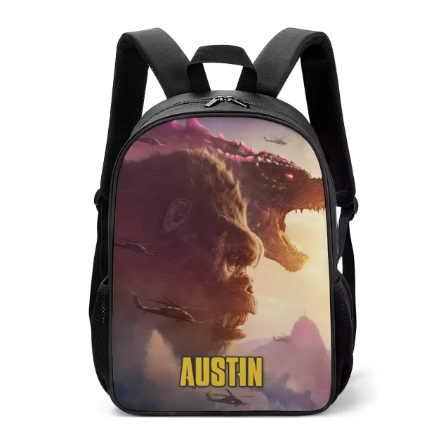 Right-side view of the durable Godzilla travel pack, illustrating the depth of the main compartment for books and toys.