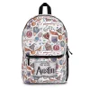 Front view of a personalized Harry Potter backpack with a white magic-themed pattern, featuring a customizable 'Have you seen this wizard?' patch with the name 'Austin'.