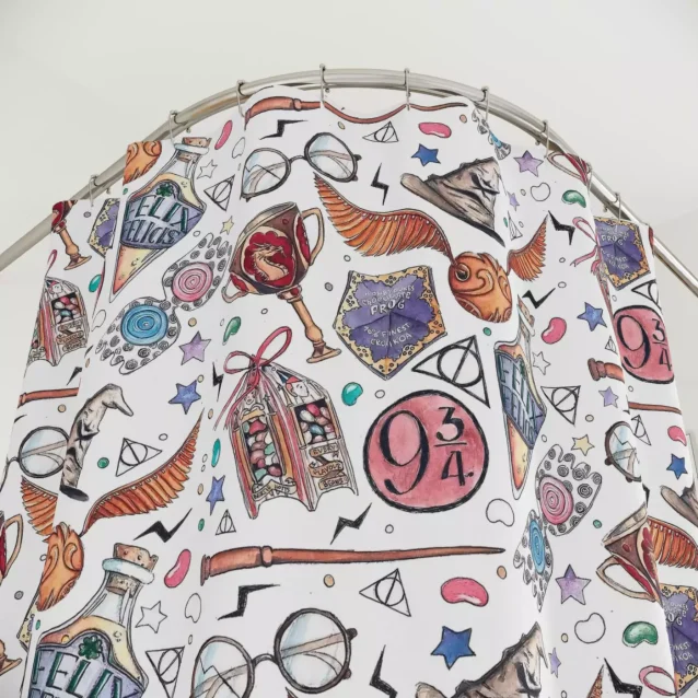 Transform your bathroom with this magical Harry Potter themed shower curtain, featuring iconic symbols from the Wizarding World