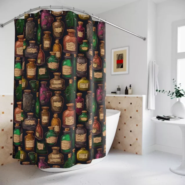 Colorful and durable Harry Potter shower curtain with the four Hogwarts house logos. A perfect addition to any fan's bathroom decor