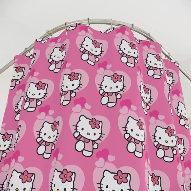 Hello Kitty shower curtain with included decorative hooks.