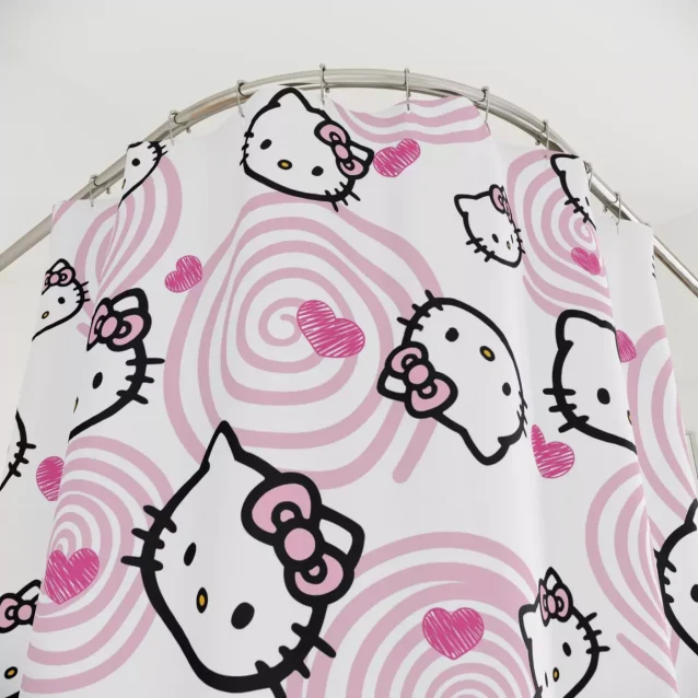 Kids' bathroom shower curtain featuring Hello Kitty.