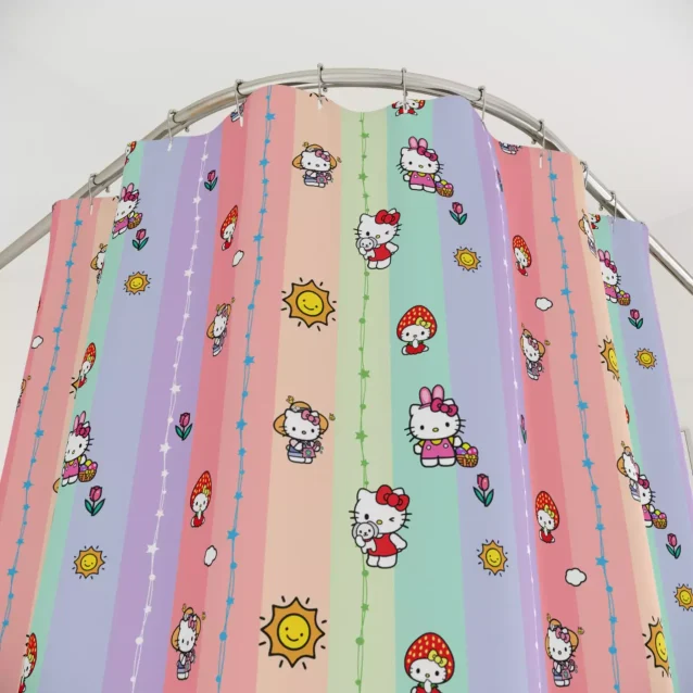 Girly pink and white polka dot Hello Kitty shower curtain.