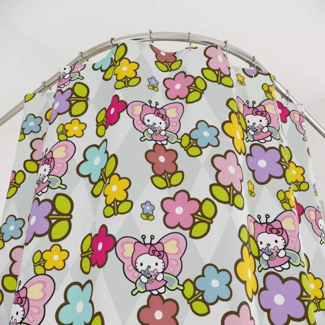 Waterproof polyester Hello Kitty bath curtain, 72x72 inches.