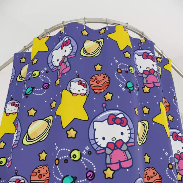 Durable and machine-washable Hello Kitty shower curtain.
