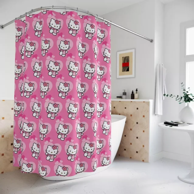 White and pink Hello Kitty shower curtain for a fun bathroom.