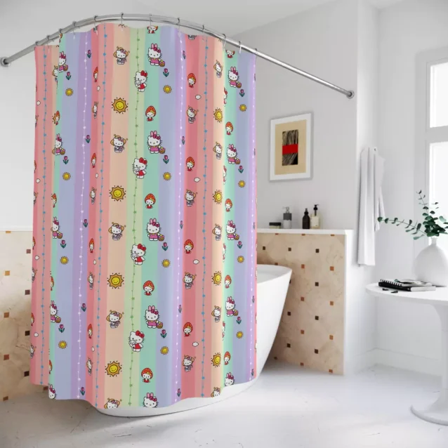 Bright and colorful Hello Kitty character print bath curtain.