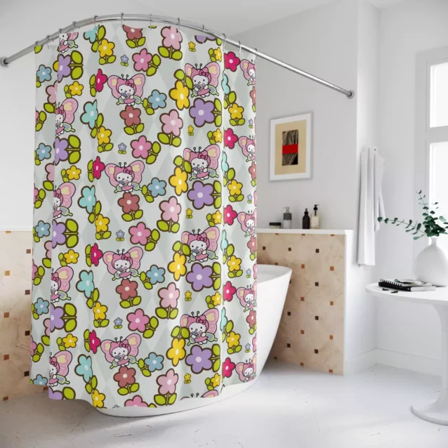 Pink Hello Kitty shower curtain with classic bow design.