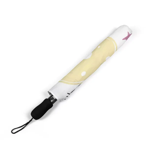 The Hello Kitty umbrella in its protective sleeve, ready for travel.
