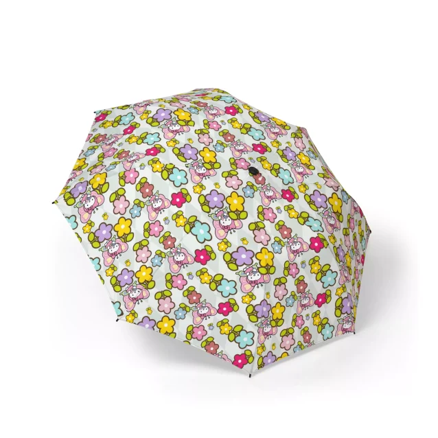 The comfortable gripped plastic handle of the Hello Kitty umbrella.