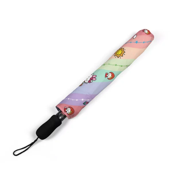 A personalized Hello Kitty umbrella with a name embroidered on the canopy.