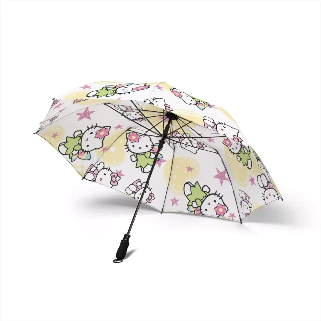 A cute pink Hello Kitty umbrella shown fully open.