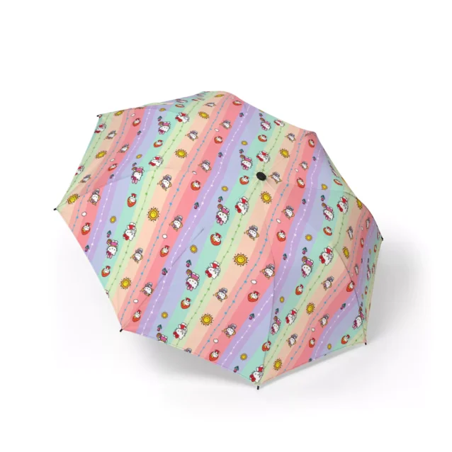 A Hello Kitty umbrella printed with the Pastel Rainbow Stripes artwork.