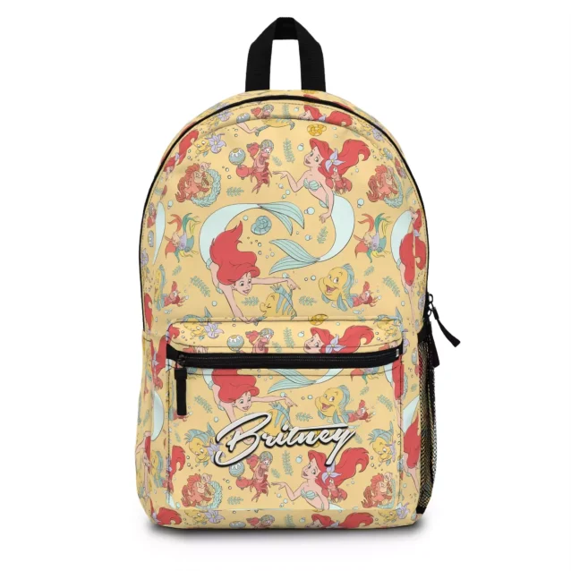 A customizable Disney princess knapsack for girls, displayed from the front with a personalized name patch.
