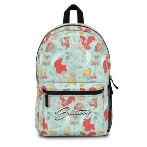 Front view of a personalized Little Mermaid backpack for kids, featuring Ariel and Flounder swimming under the sea.