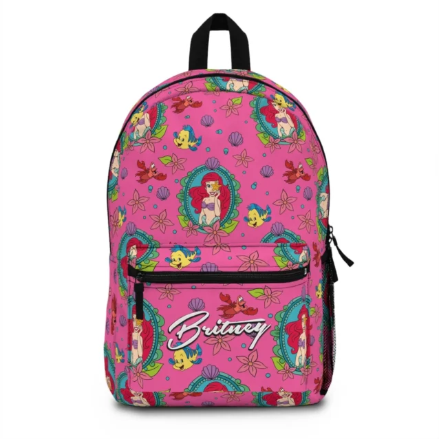Close-up view of the high-resolution printed name personalization on a teal custom Disney Princess Ariel children's rucksack.