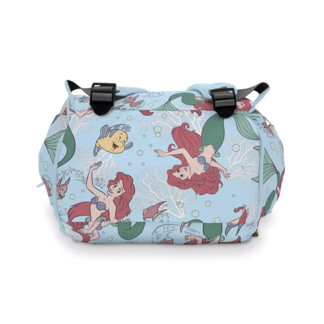 The Little Mermaid diaper bag packed for a day out with diapers, wipes, and bottles.