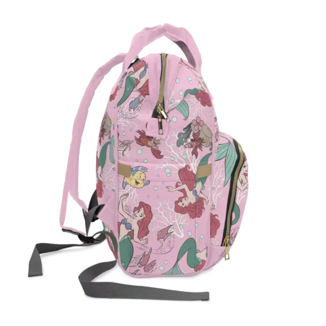 A close-up on the zipper details of the Ariel-themed baby bag.