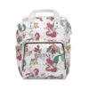 White Little Mermaid diaper bag backpack with a watercolor collage of Ariel and Flounder, the baby's name printed on the front pocket.