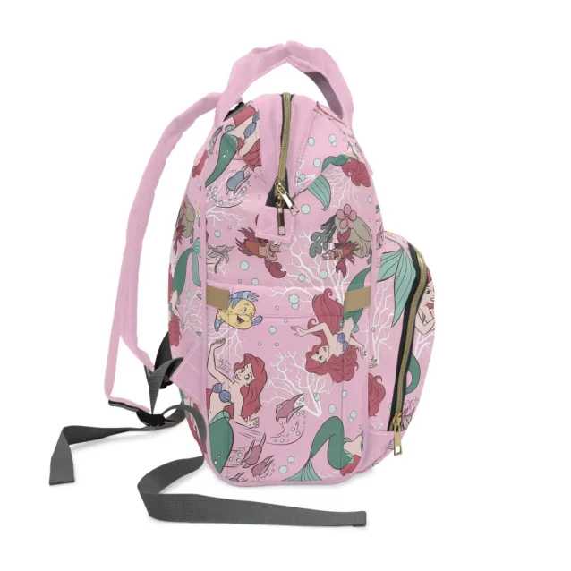 A close-up on the zipper details of the Ariel-themed baby bag.