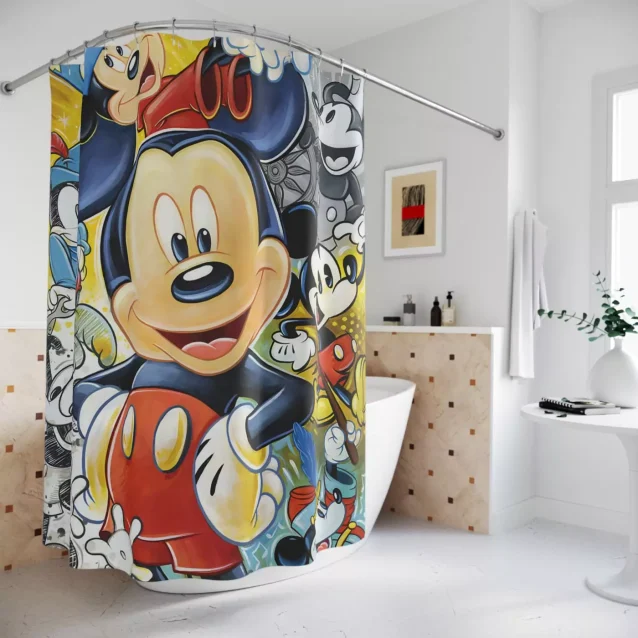 Fun and playful Mickey Mouse and friends bathroom shower curtain.