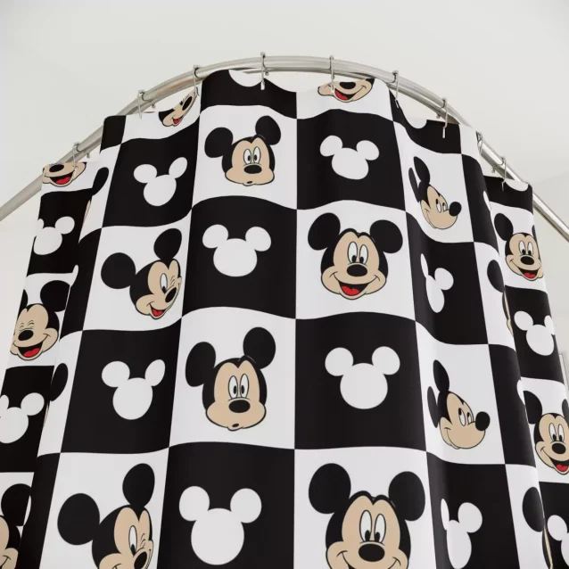 Black and white retro Mickey Mouse fabric shower curtain, 72x72 inches.